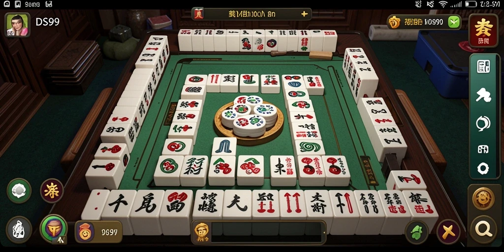 Tampilan gameplay <strong>DS99</strong> yang menarik dengan desain ubin Mahjong yang berwarna-warni.