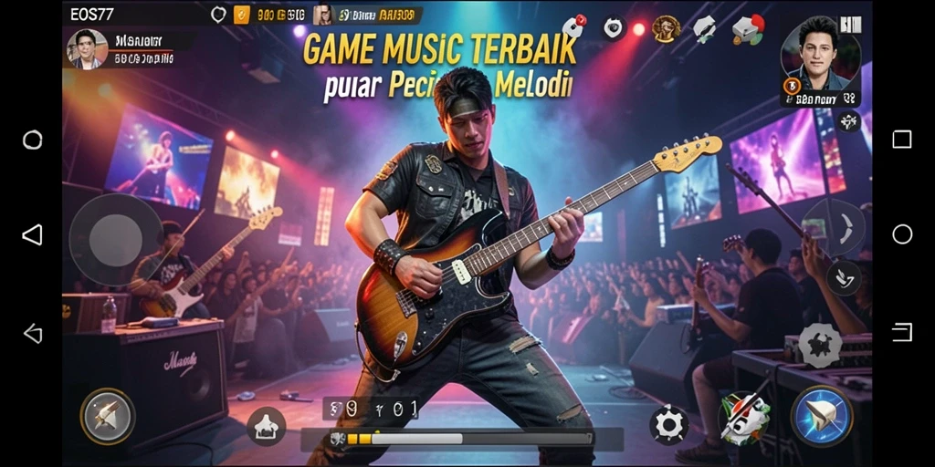 Screenshot utama dari EOS77 yang menampilkan gameplay musik yang menarik.