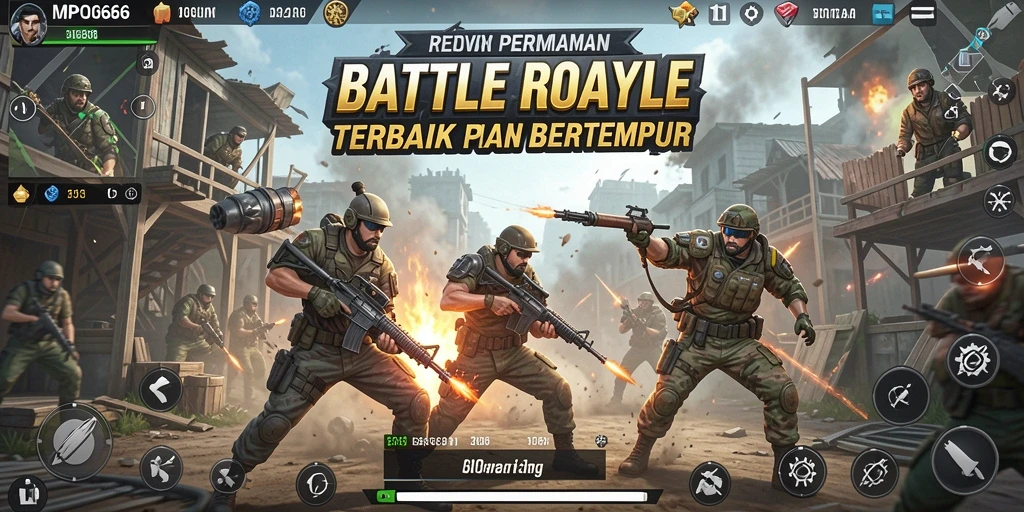 Screenshot utama MPO666 menunjukkan pemain dalam pertempuran seru di arena Battle Royale.